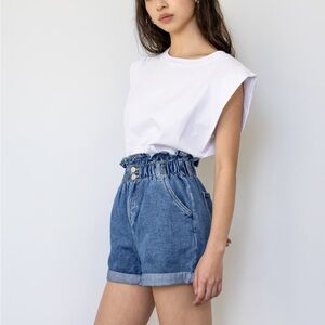 OAK + FORT Denim Paper Bag Shorts in Medium Wash • Size XS